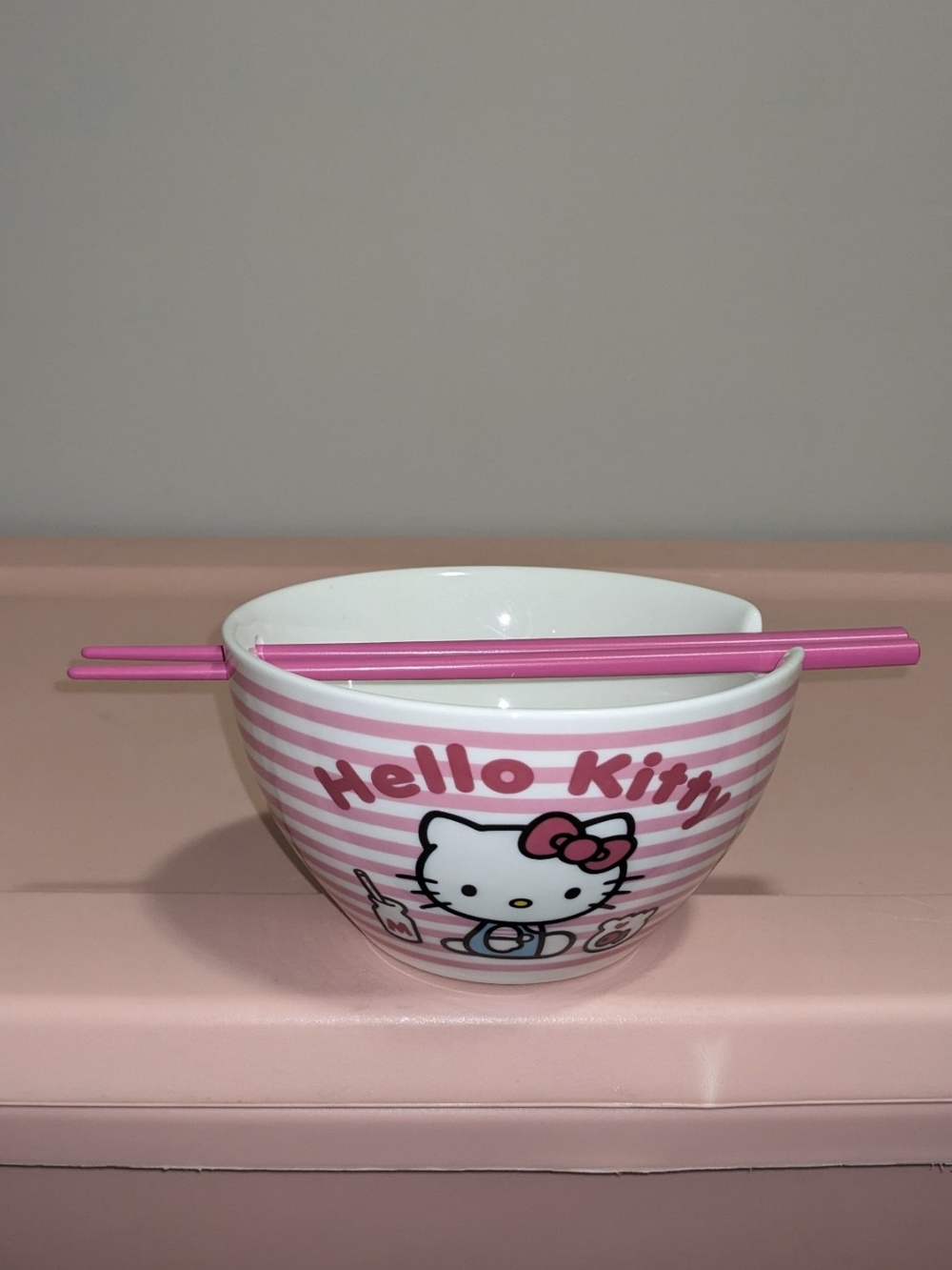 Hello Kitty Pink Striped Ramen Bowl with Chopsticks